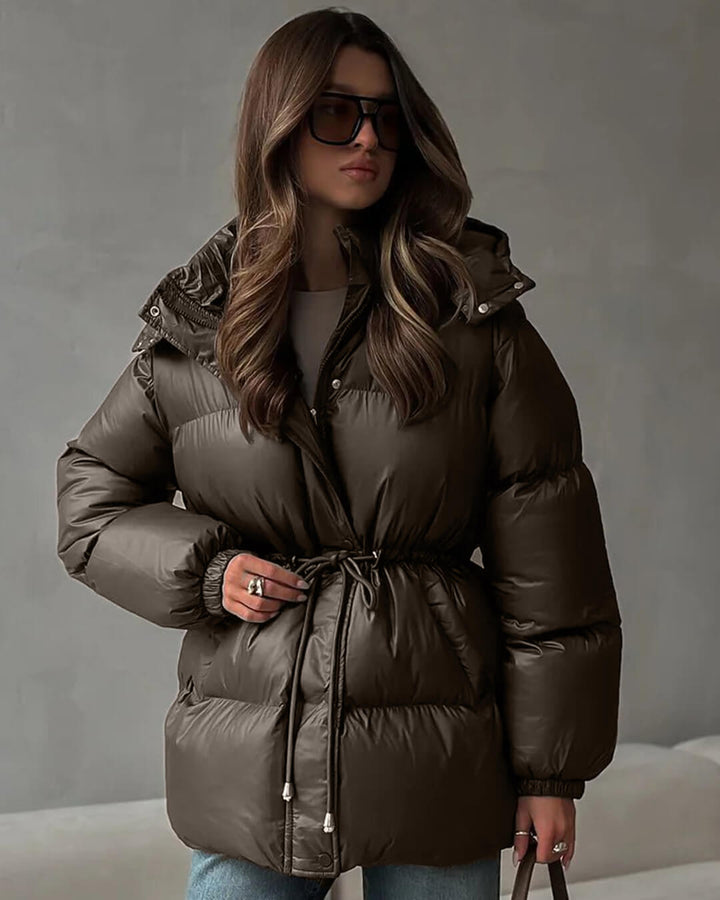 Women's Puffer Jacket with Hood & Drawstring Waist | Zip Up