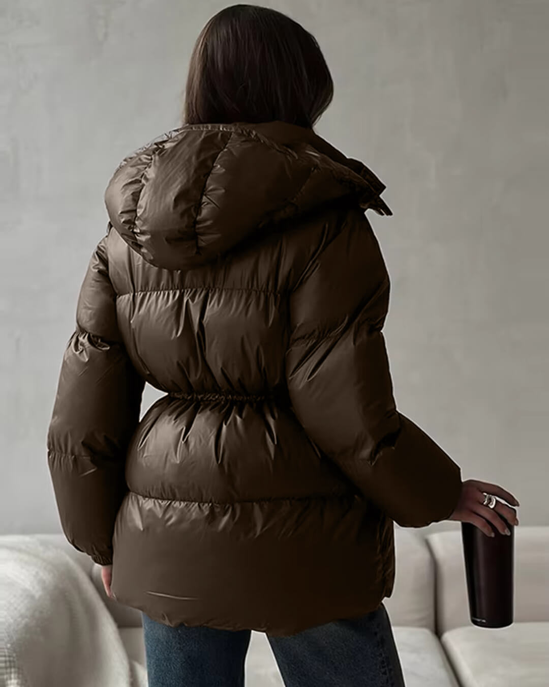 Women's Puffer Jacket with Hood & Drawstring Waist | Zip Up