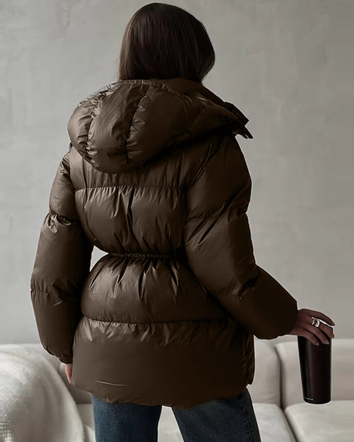 Women's Puffer Jacket with Hood & Drawstring Waist | Zip Up