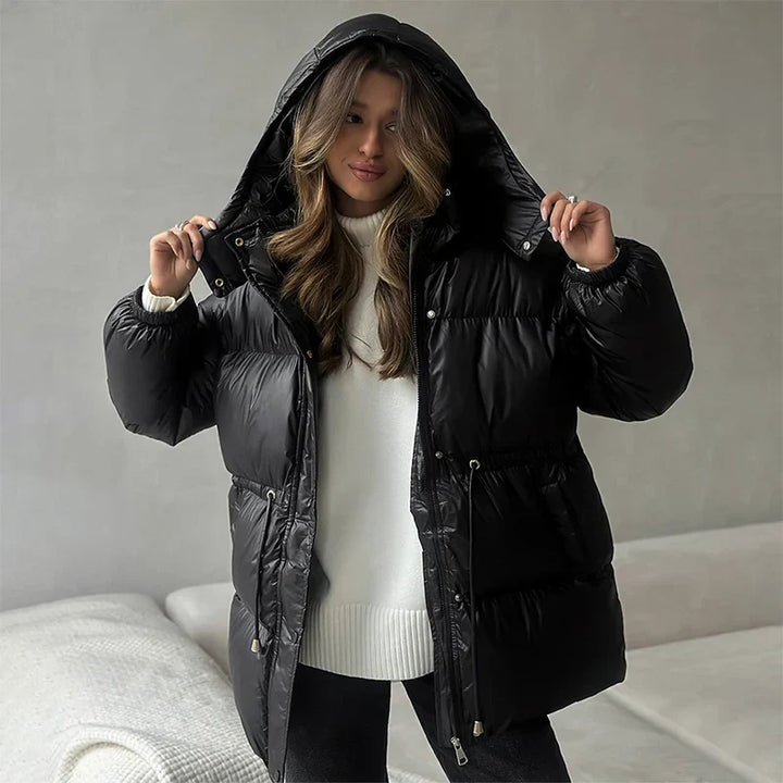 Women's Puffer Jacket with Hood & Drawstring Waist | Zip Up