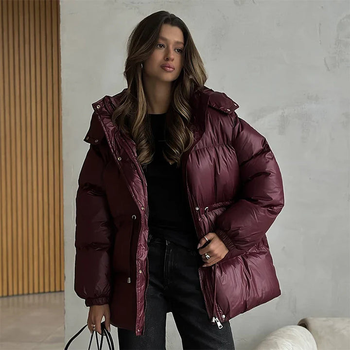 Women's Puffer Jacket with Hood & Drawstring Waist | Zip Up