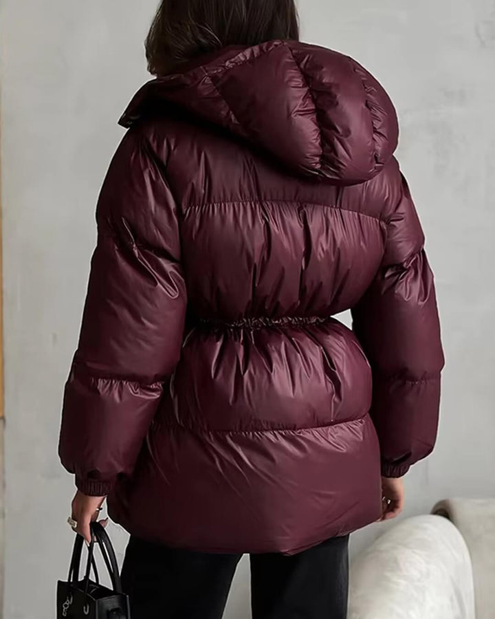 Women's Puffer Jacket with Hood & Drawstring Waist | Zip Up