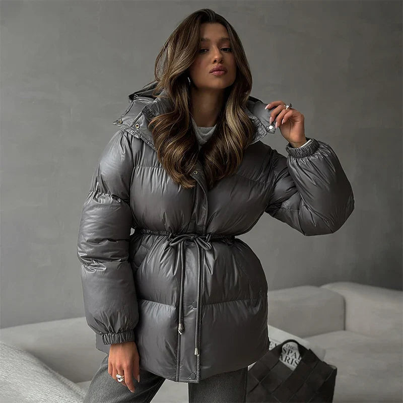 Women's Puffer Jacket with Hood & Drawstring Waist | Zip Up