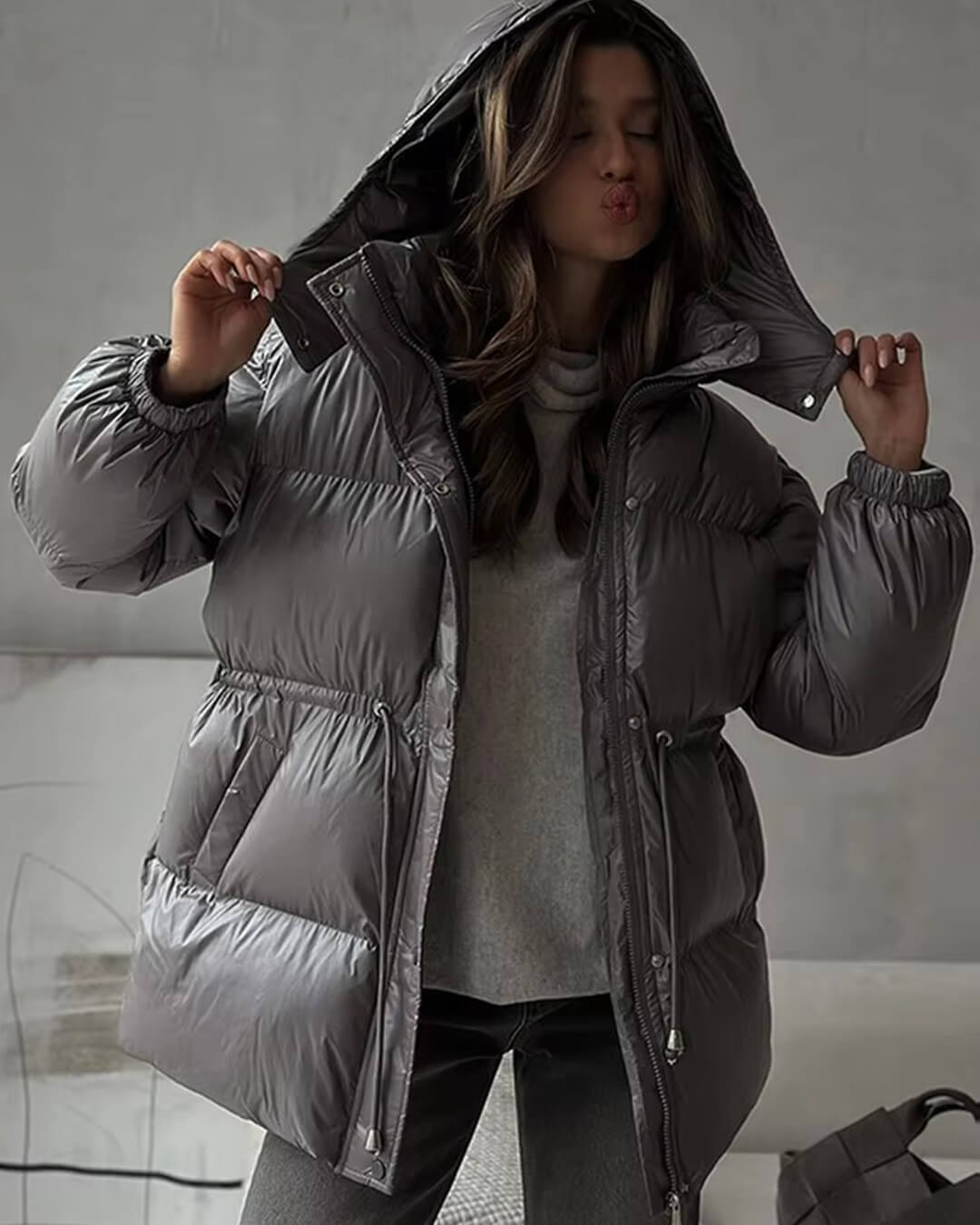 Women's Puffer Jacket with Hood & Drawstring Waist | Zip Up