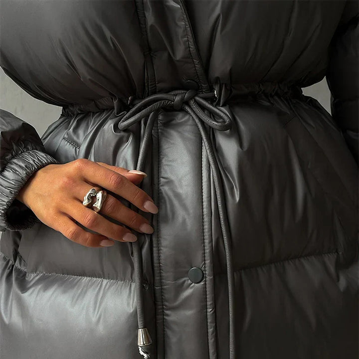 Women's Puffer Jacket with Hood & Drawstring Waist | Zip Up