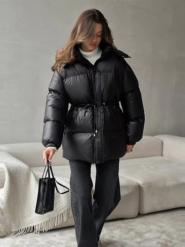 Women's Puffer Jacket with Hood & Drawstring Waist | Zip Up