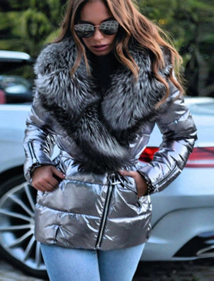 Women's Puffer Jacket with Oversized Fluffy Collar | Zip Up