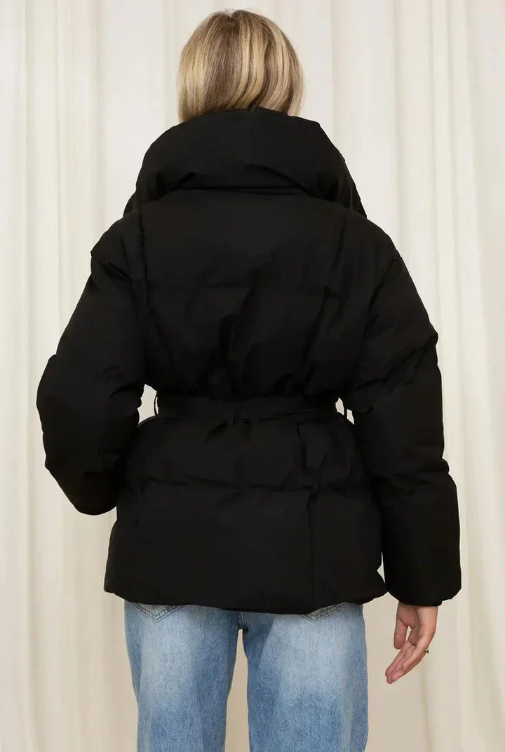 Women's Puffer Jacket with Tie Belt & High Collar | Oversized