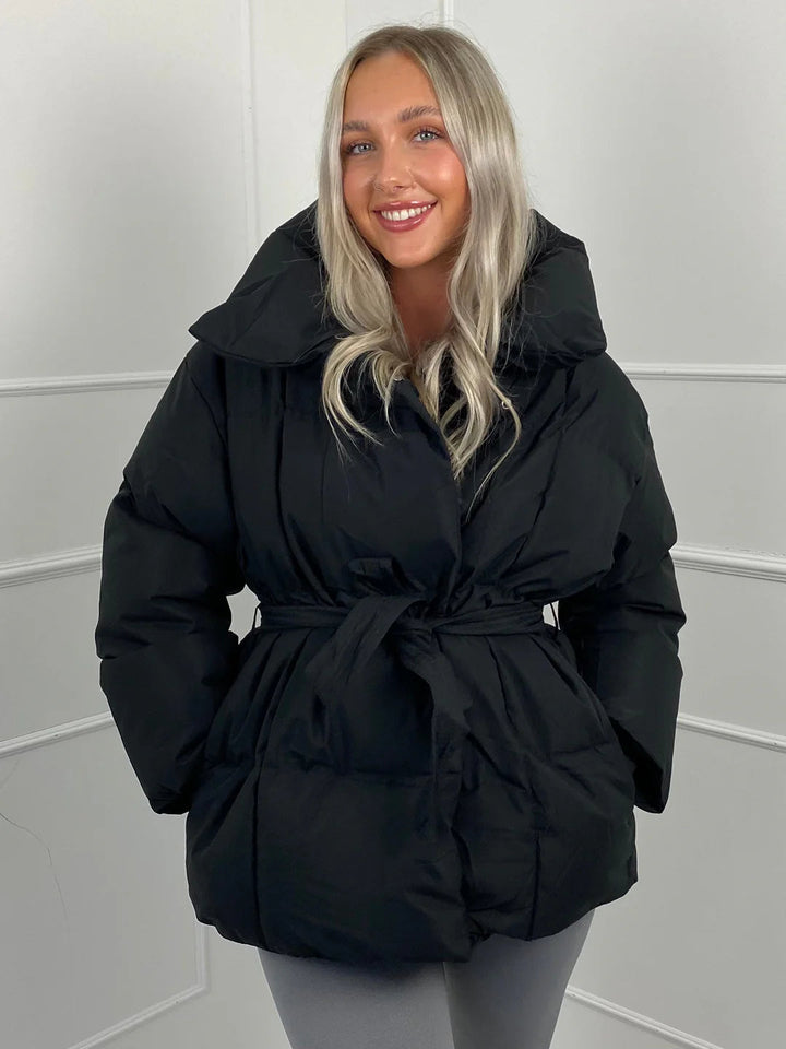 Women's Puffer Jacket with Tie Belt & High Collar | Oversized