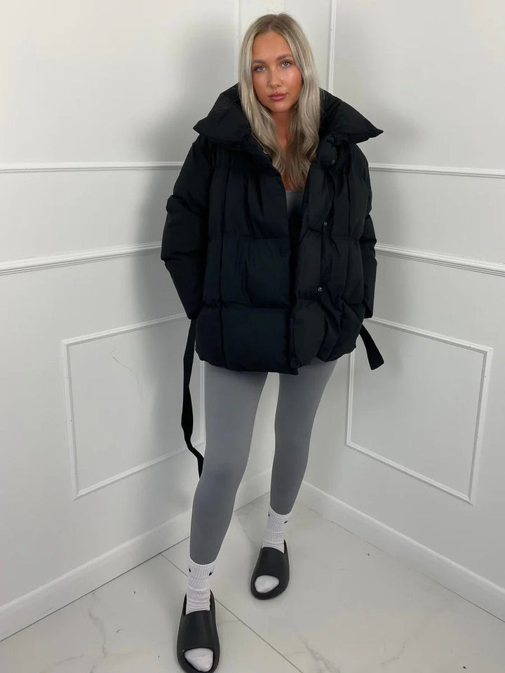 Women's Puffer Jacket with Tie Belt & High Collar | Oversized