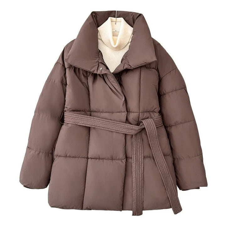 Women's Puffer Jacket with Tie Belt & High Collar | Oversized