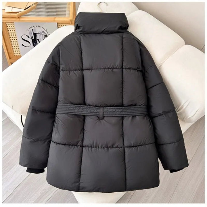 Women's Puffer Jacket with Tie Belt & High Collar | Oversized