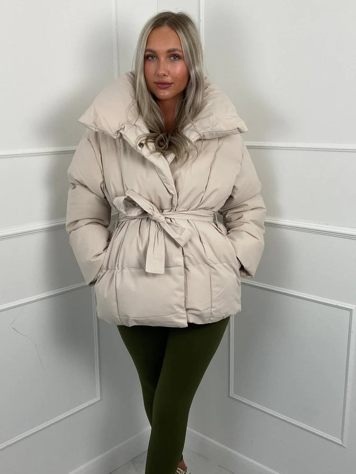 Women's Puffer Jacket with Tie Belt & High Collar | Oversized