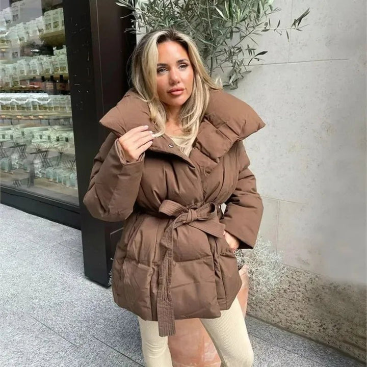Women's Puffer Jacket with Tie Belt & High Collar | Oversized