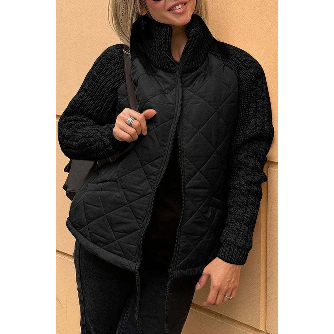 Women's Quilted Jacket Zip Front | Knit Sleeve