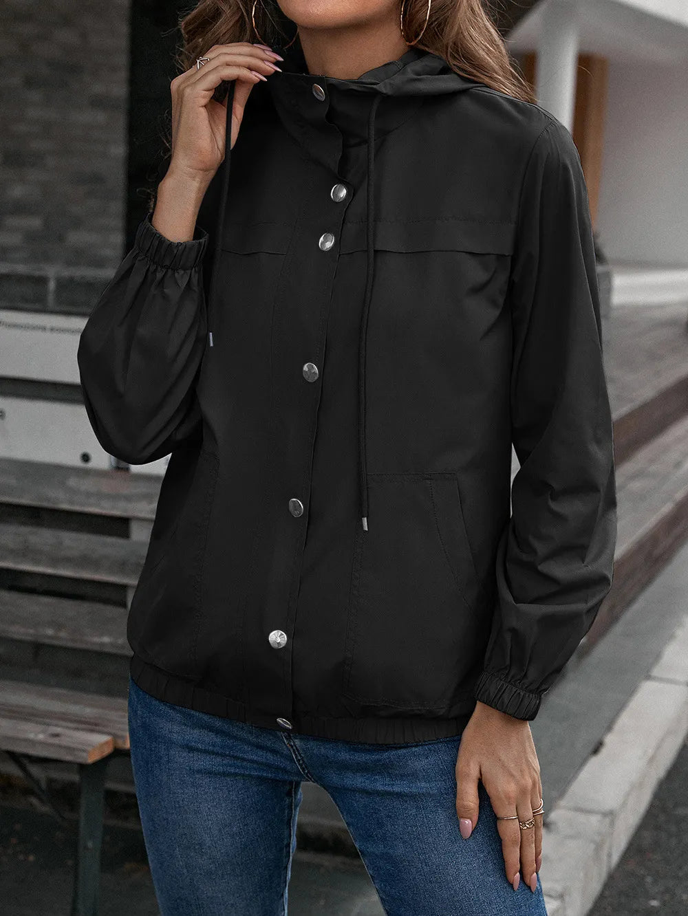 Women's Rain Jacket with Hood & Button Front | Elastic Hem