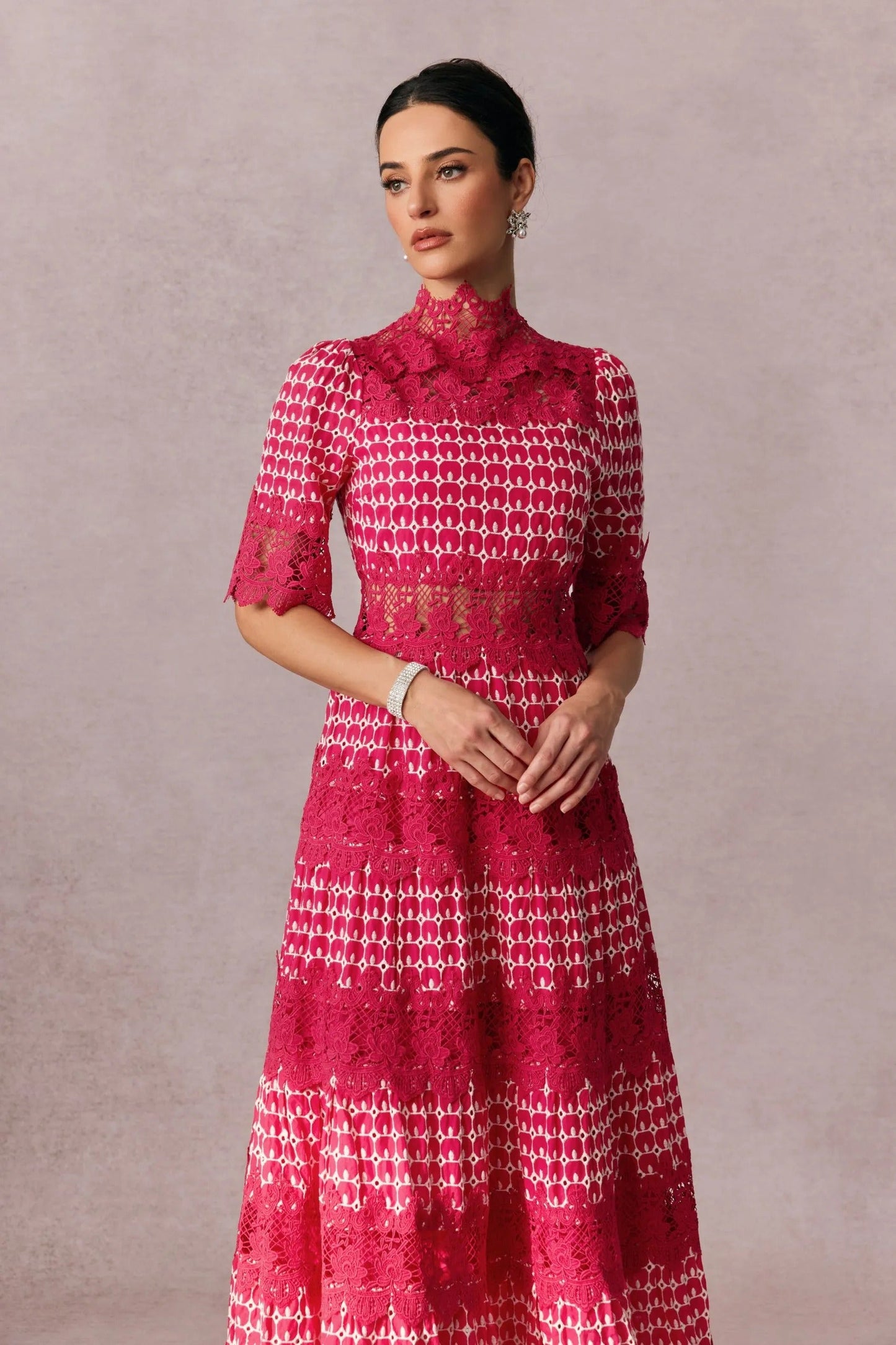 Women's Red Dress Maxi High Neck Half Sleeve | Wedding