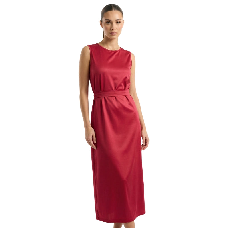 Women's Red Dress Sleeveless Pleated Waist Midi | Cocktail