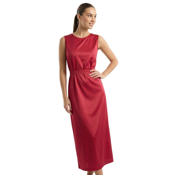 Women's Red Dress Sleeveless Pleated Waist Midi | Cocktail