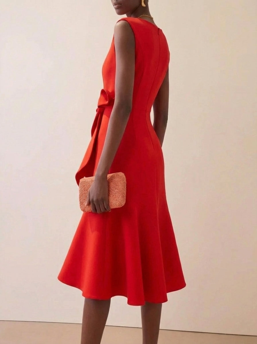 Women's Red Dress Sleeveless Ruffle Midi | Cocktail