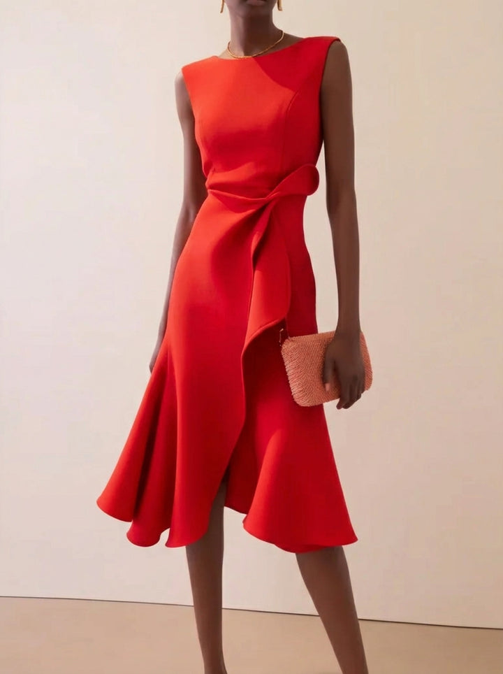 Women's Red Dress Sleeveless Ruffle Midi | Cocktail