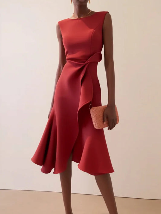 Women's Red Dress Sleeveless Ruffle Midi | Cocktail