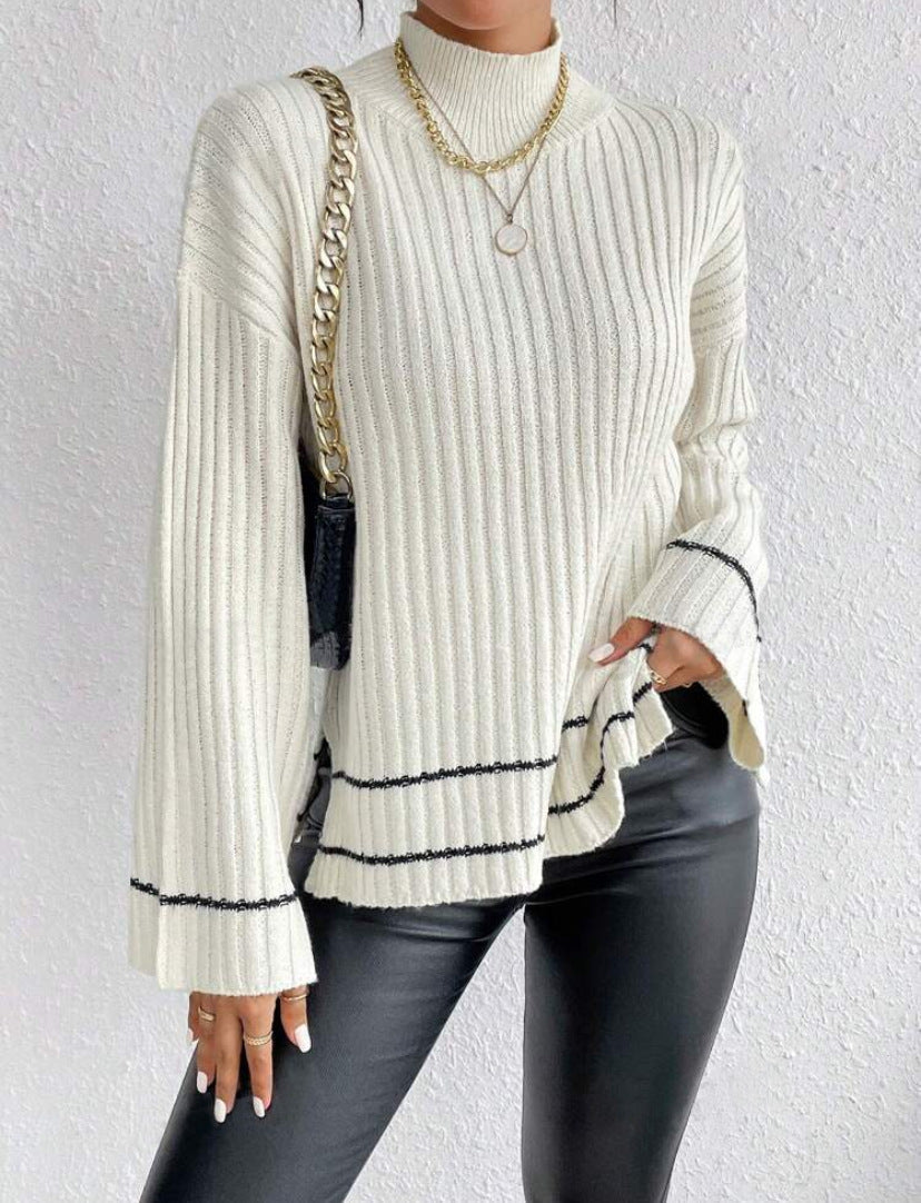 Women's Ribbed Knit Jumper with Contrast Stripe | Flare Sleeves