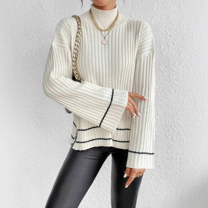 Women's Ribbed Knit Jumper with Contrast Stripe | Flare Sleeves