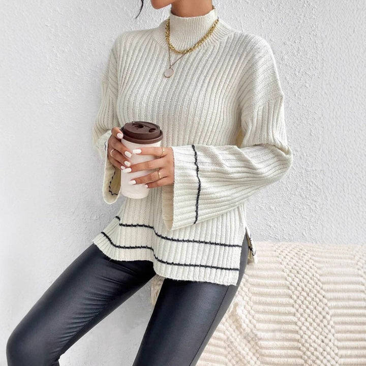 Women's Ribbed Knit Jumper with Contrast Stripe | Flare Sleeves