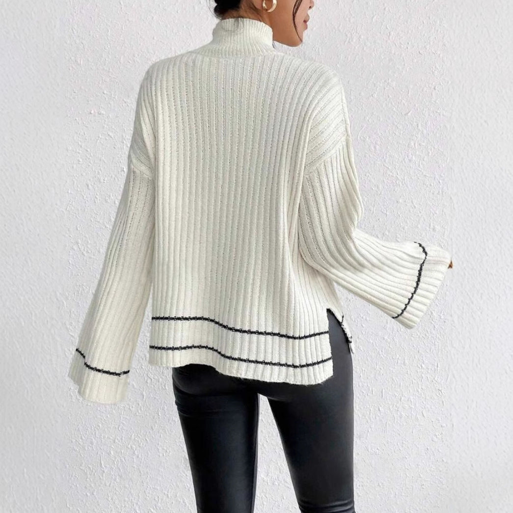 Women's Ribbed Knit Jumper with Contrast Stripe | Flare Sleeves