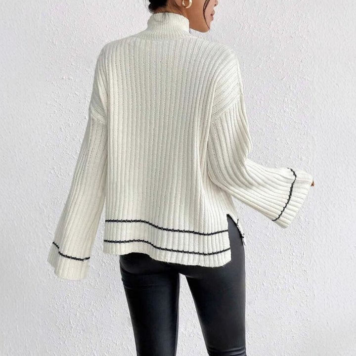 Women's Ribbed Knit Jumper with Contrast Stripe | Flare Sleeves