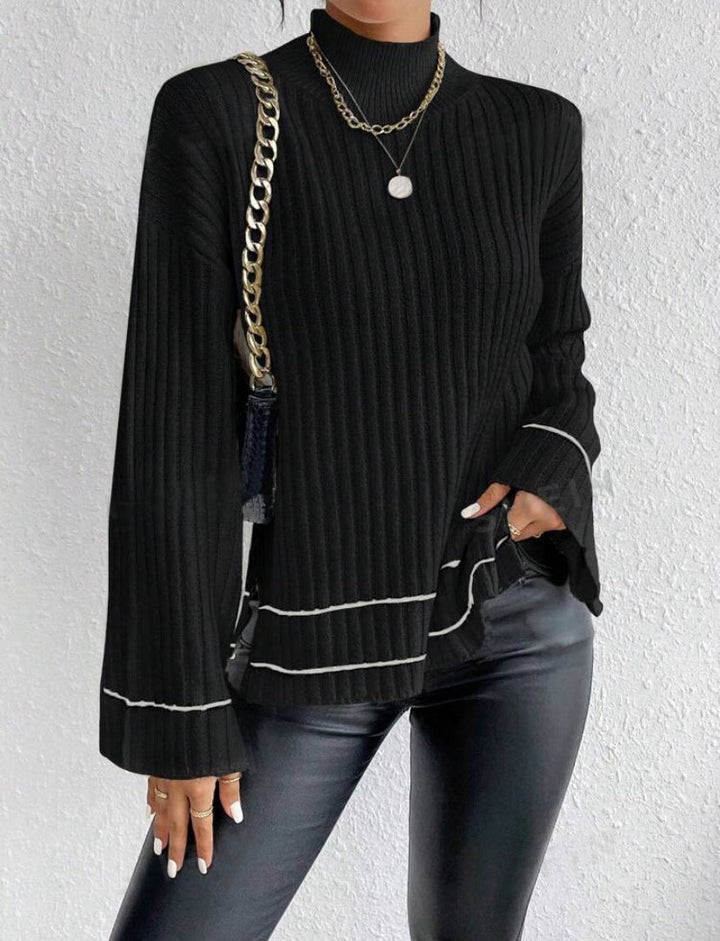Women's Ribbed Knit Jumper with Contrast Stripe | Flare Sleeves