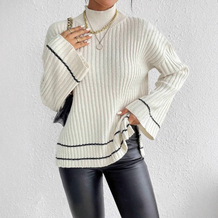 Women's Ribbed Knit Jumper with Contrast Stripe | Flare Sleeves