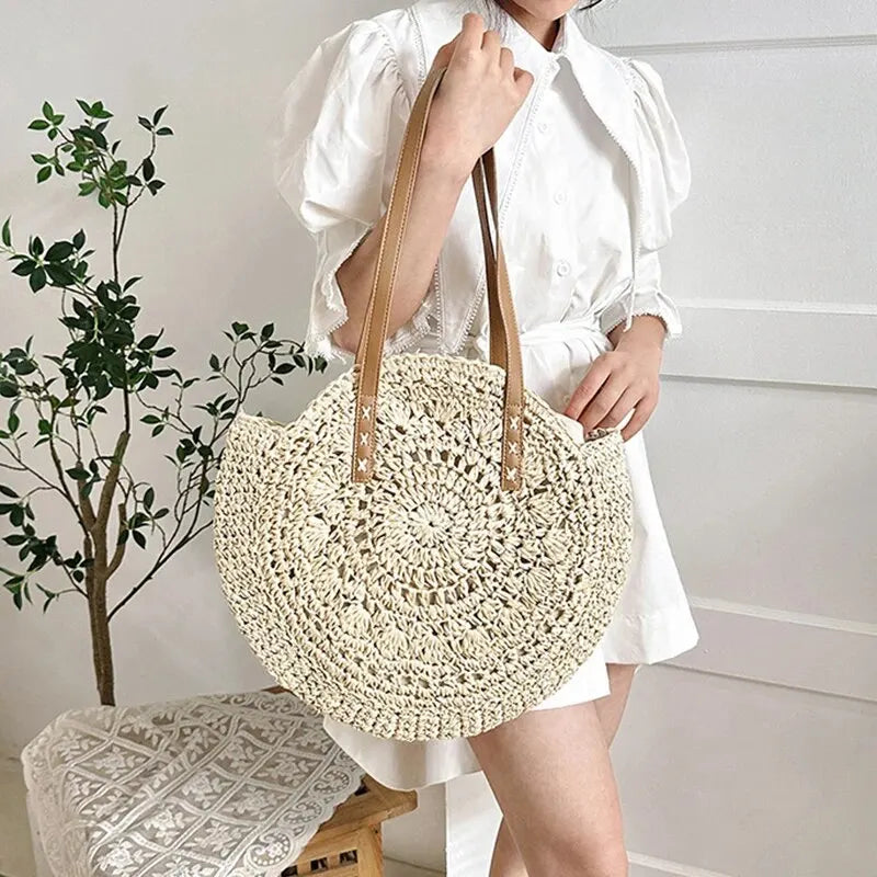 Women's Round Beach Bag with Woven Design | Tote