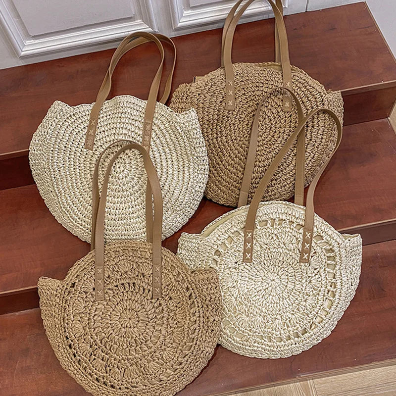 Women's Round Beach Bag with Woven Design | Tote