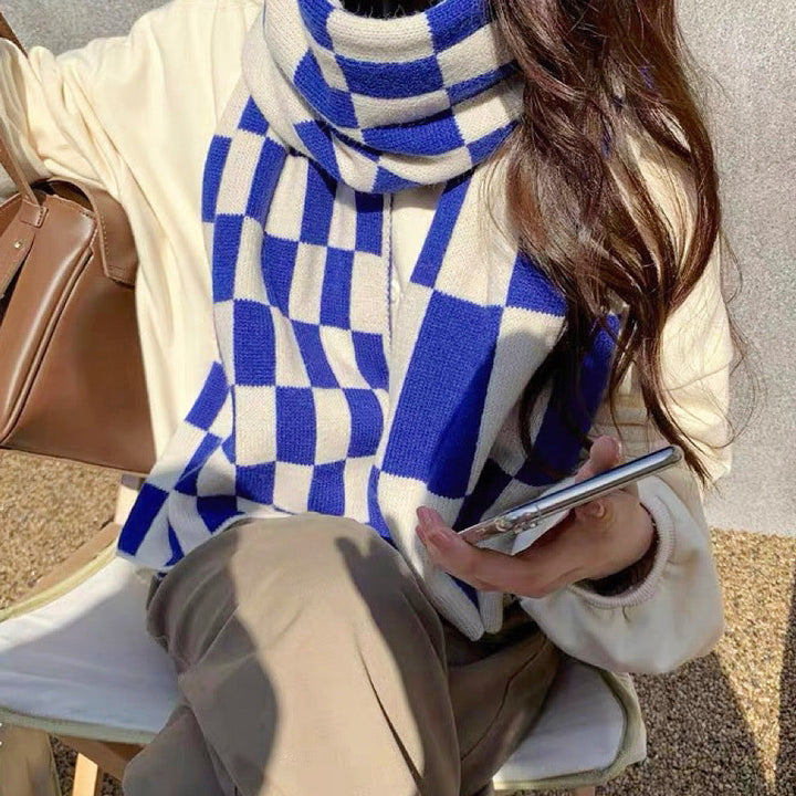 Women's Scarf with Checkerboard Print & Knit Finish | Winter