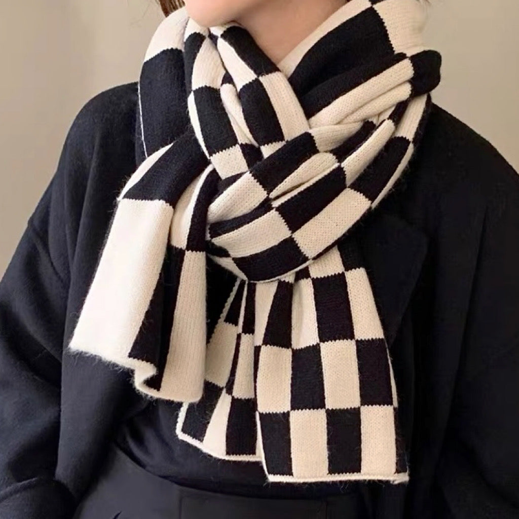 Women's Scarf with Checkerboard Print & Knit Finish | Winter