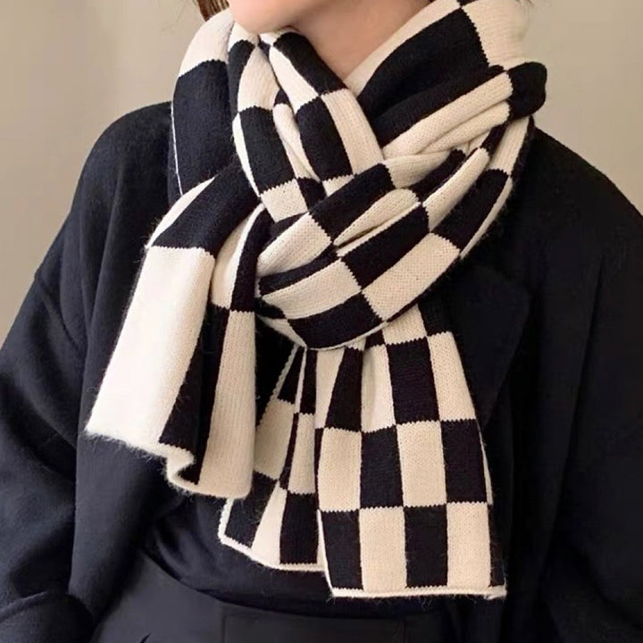 Women's Scarf with Checkerboard Print & Knit Finish | Winter
