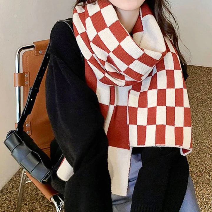 Women's Scarf with Checkerboard Print & Knit Finish | Winter
