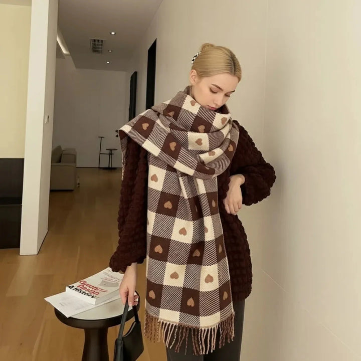 Women's Scarf with Heart Print & Tassel Trim | Winter