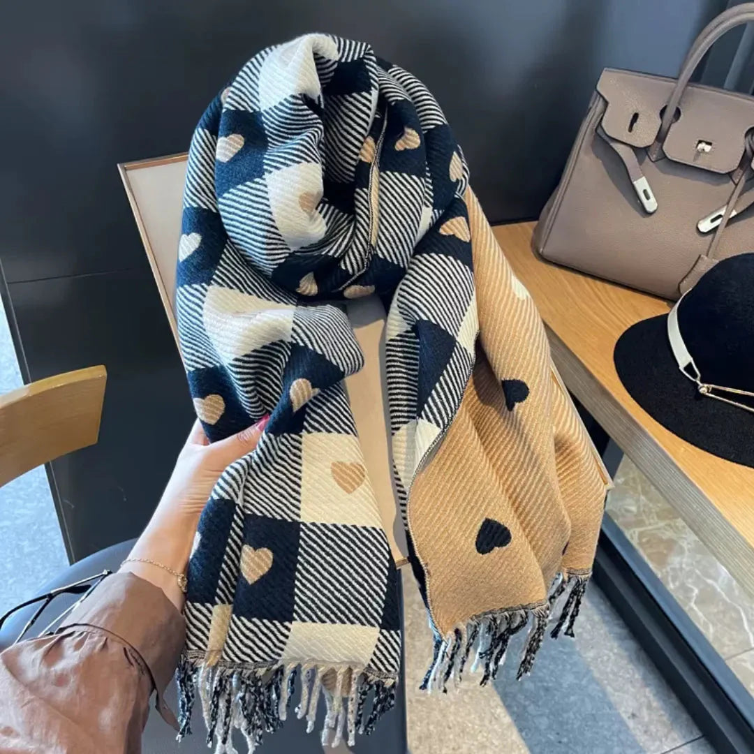 Women's Scarf with Heart Print & Tassel Trim | Winter