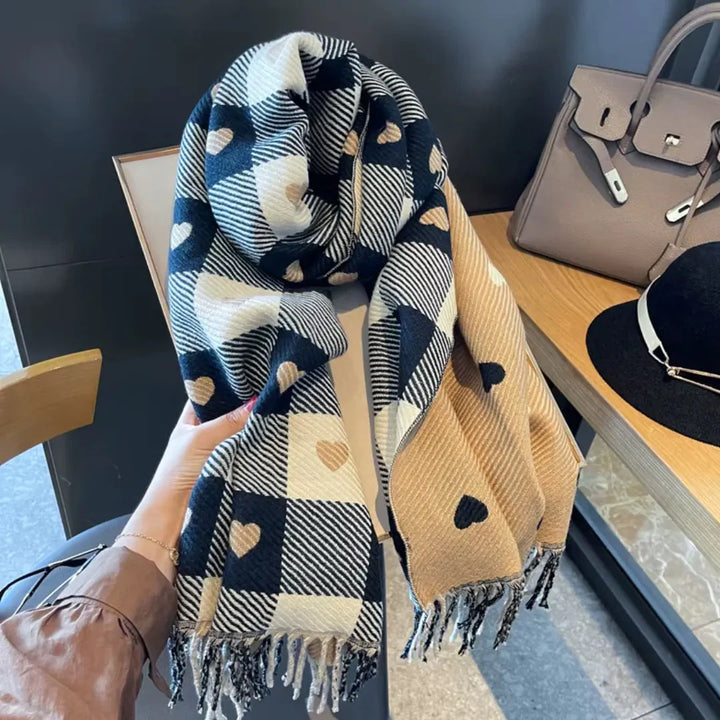 Women's Scarf with Heart Print & Tassel Trim | Winter