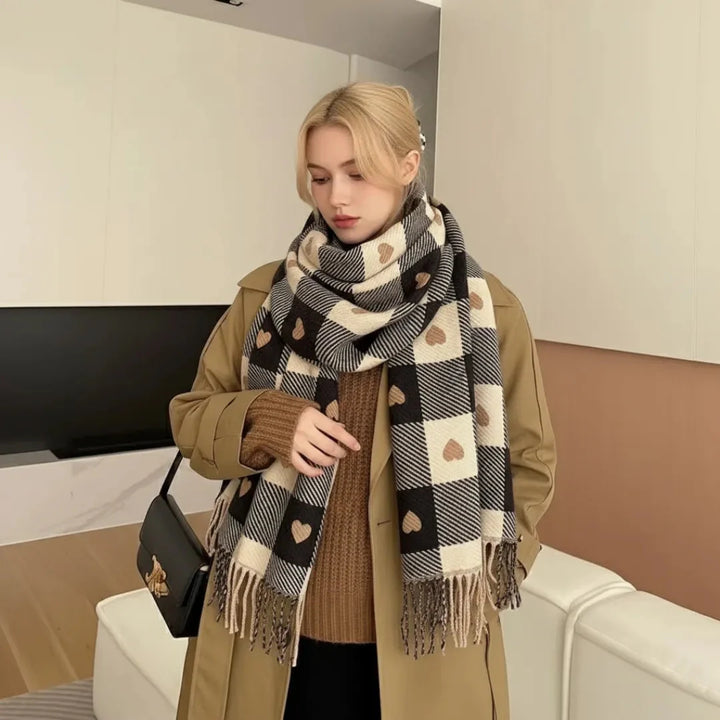 Women's Scarf with Heart Print & Tassel Trim | Winter