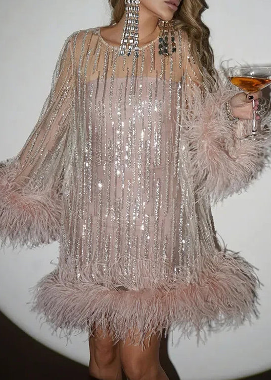 Women’s Sequin Dress Feather Trim Mini | Party