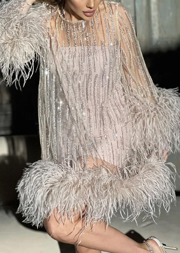 Women’s Sequin Dress Feather Trim Mini | Party
