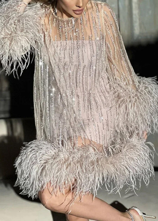 Women’s Sequin Dress Feather Trim Mini | Party
