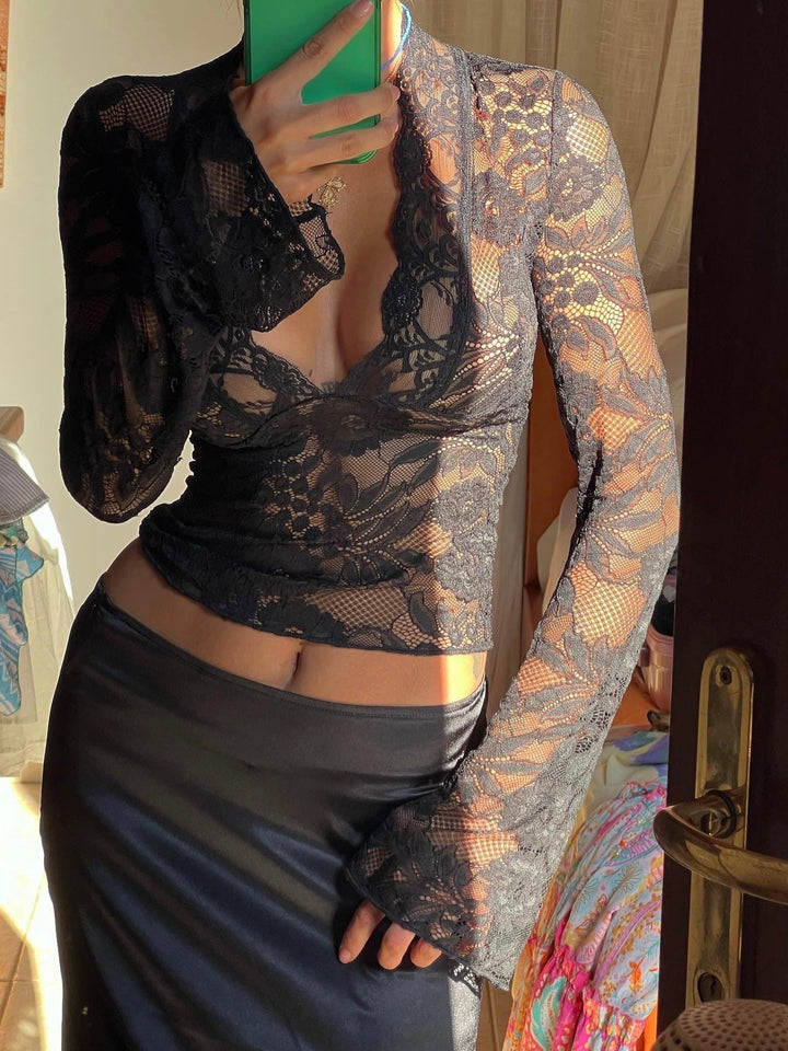 Women's Sheer Lace Floral Long Sleeve Top | Deep V-Neck
