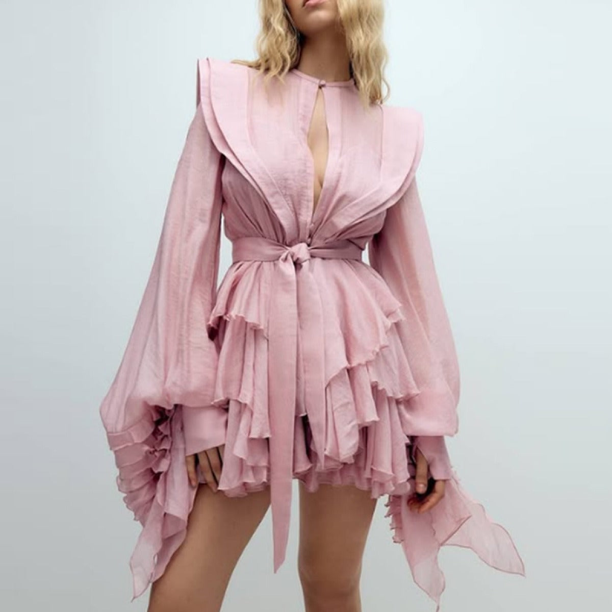 Women’s Shirt Dress Belted Ruffle Long Sleeve | Evening