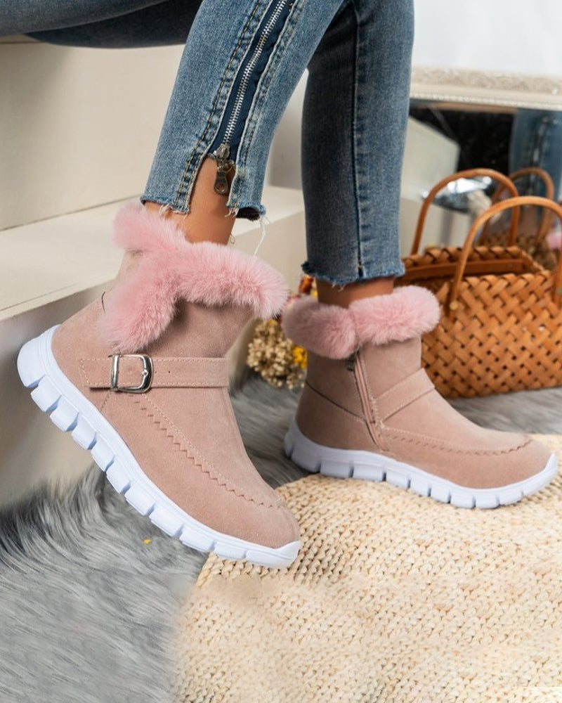 Women's Snow Boots Ankle Fluffy Trim Buckle | Winter