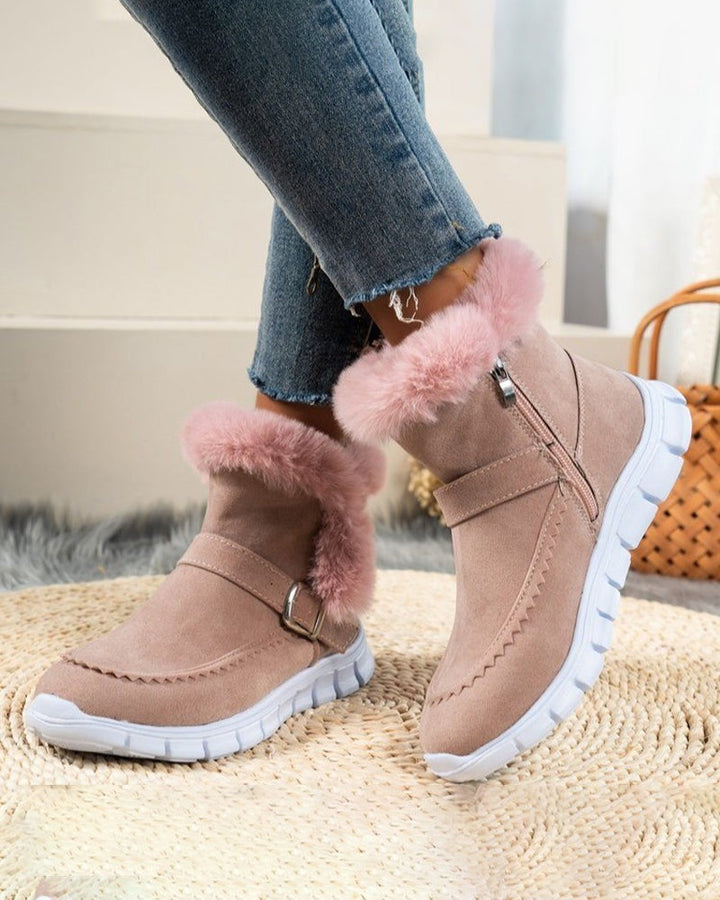 Women's Snow Boots Ankle Fluffy Trim Buckle | Winter